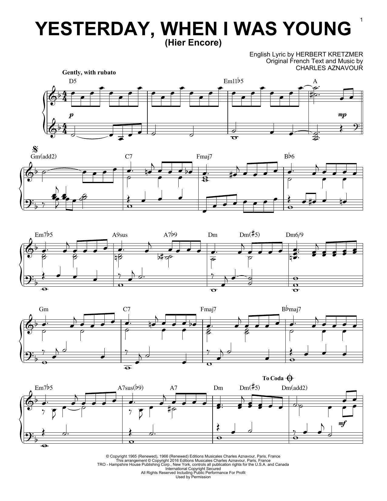 Download Herbert Kretzmer Yesterday, When I Was Young (Hier Encore) Sheet Music and learn how to play Piano PDF digital score in minutes