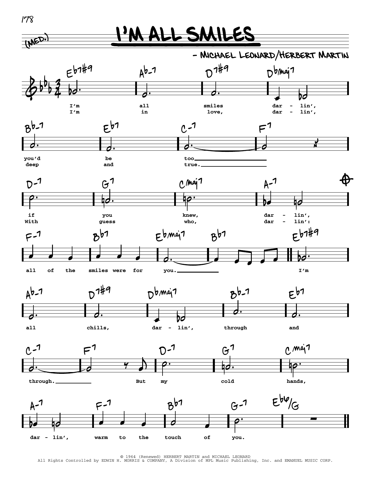 Download Herbert Martin and Michael Leonard I'm All Smiles (High Voice) (from The Yearling) Sheet Music and learn how to play Real Book – Melody, Lyrics & Chords PDF digital score in minutes