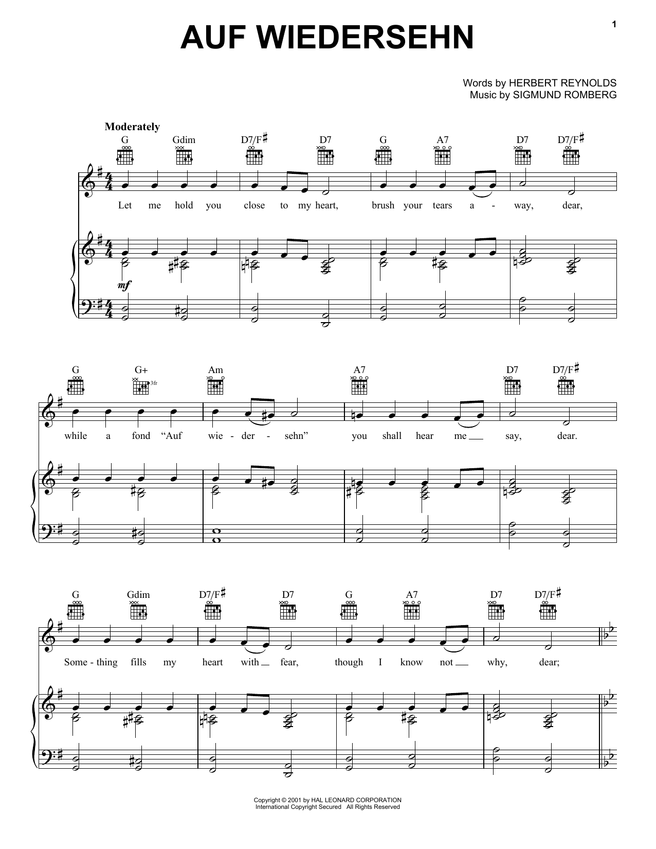 Download Herbert Reynolds Auf Wiedersehn Sheet Music and learn how to play Piano, Vocal & Guitar Chords (Right-Hand Melody) PDF digital score in minutes