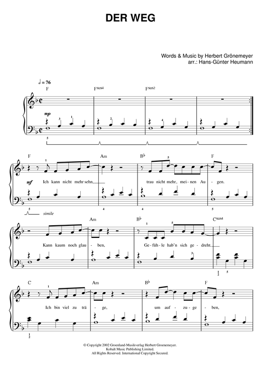 Download Herbert Groenemeyer Der Weg Sheet Music and learn how to play Easy Piano PDF digital score in minutes