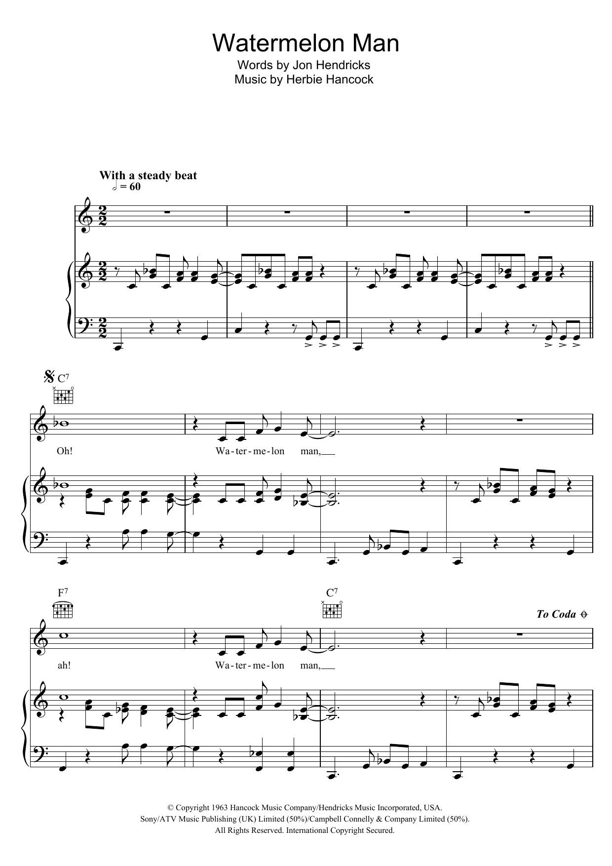 Download Herbie Hancock Watermelon Man Sheet Music and learn how to play Piano, Vocal & Guitar (Right-Hand Melody) PDF digital score in minutes