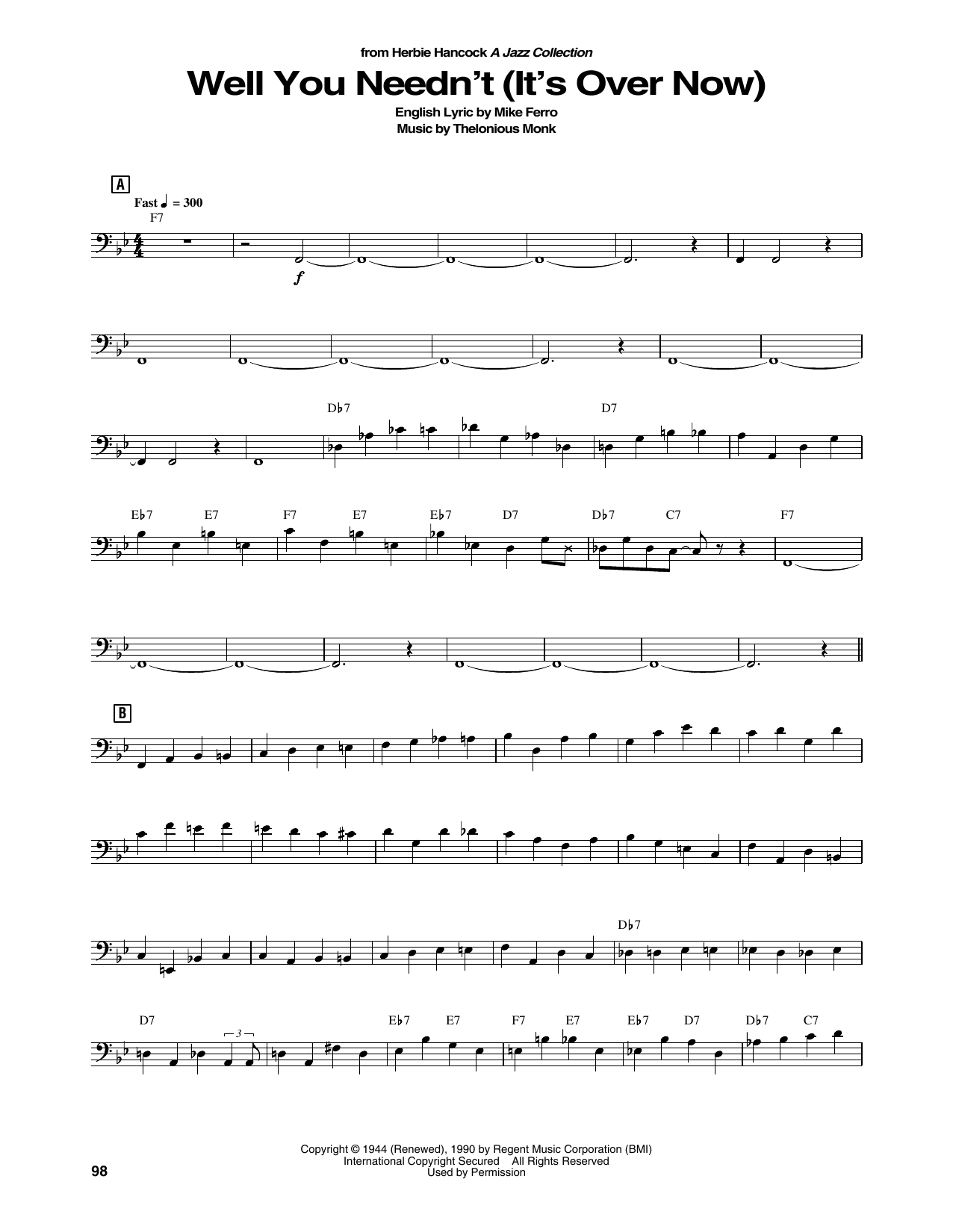 Download Herbie Hancock Well You Needn't (It's Over Now) Sheet Music and learn how to play String Bass Transcription PDF digital score in minutes