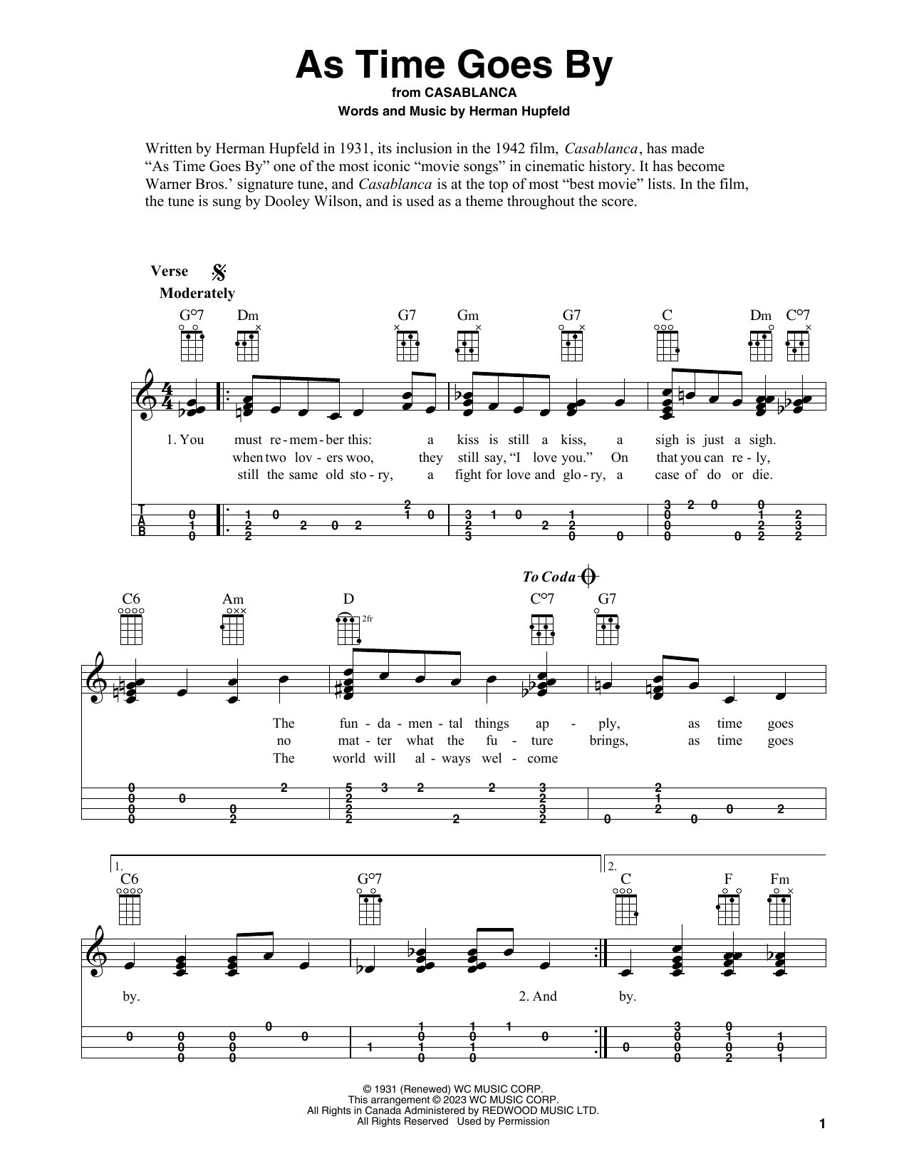 Download Herman Hupfeld As Time Goes By (from Casablanca) Sheet Music and learn how to play Easy Ukulele Tab PDF digital score in minutes