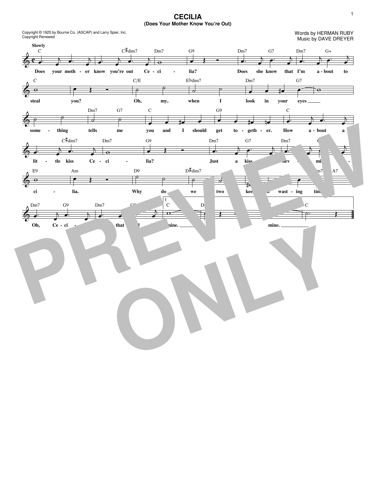 Download Herman Ruby Cecilia (Does Your Mother Know You're Out) Sheet Music and learn how to play Melody Line, Lyrics & Chords PDF digital score in minutes