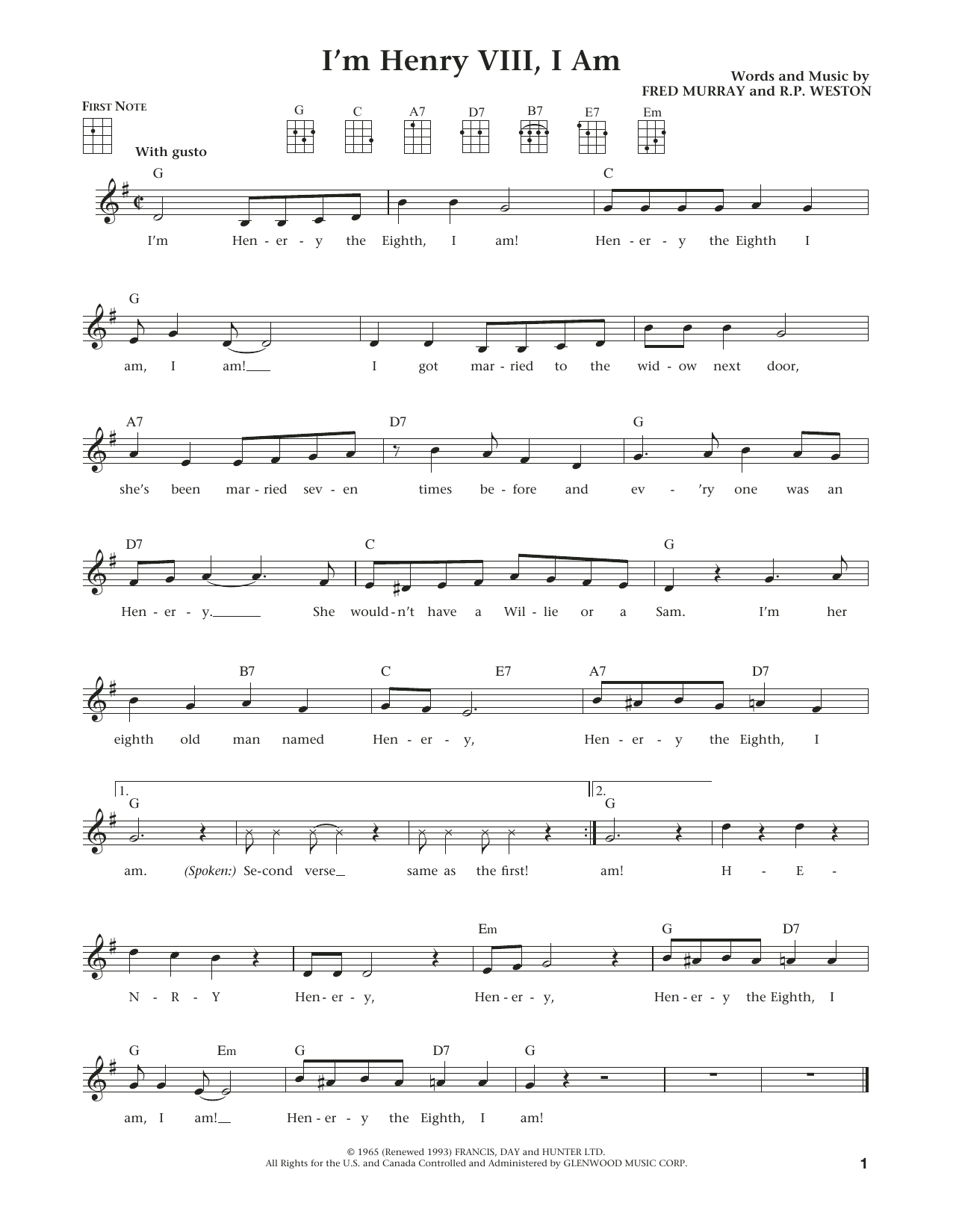 Download Herman's Hermits I'm Henry VIII, I Am Sheet Music and learn how to play Ukulele PDF digital score in minutes