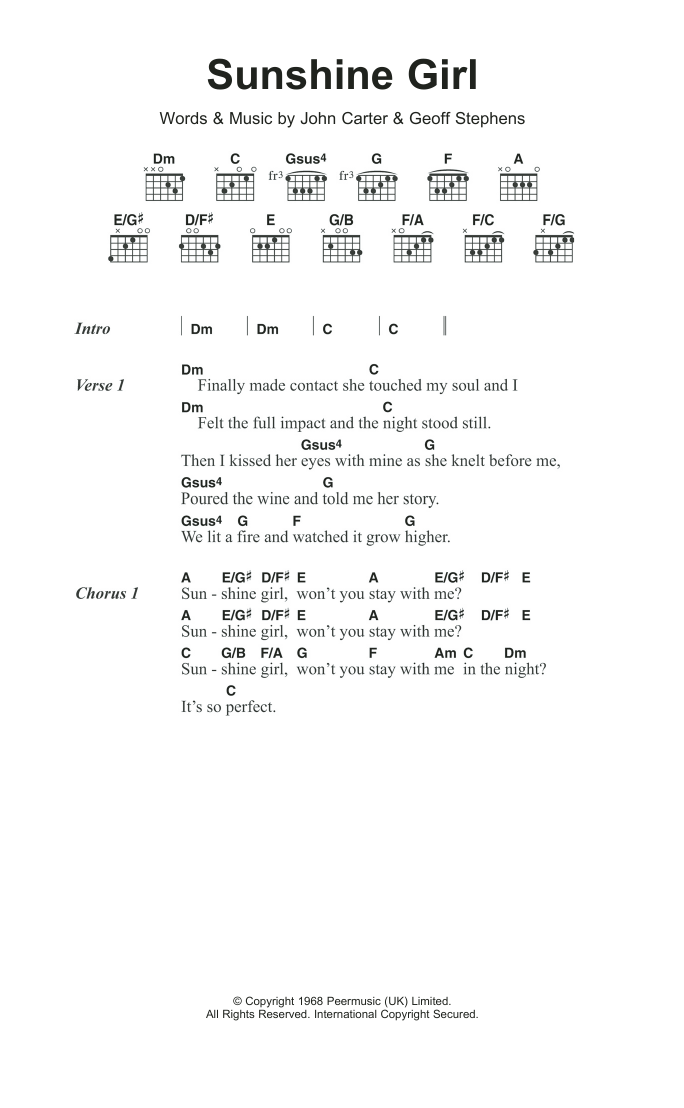 Download Herman's Hermits Sunshine Girl Sheet Music and learn how to play Lyrics & Chords PDF digital score in minutes