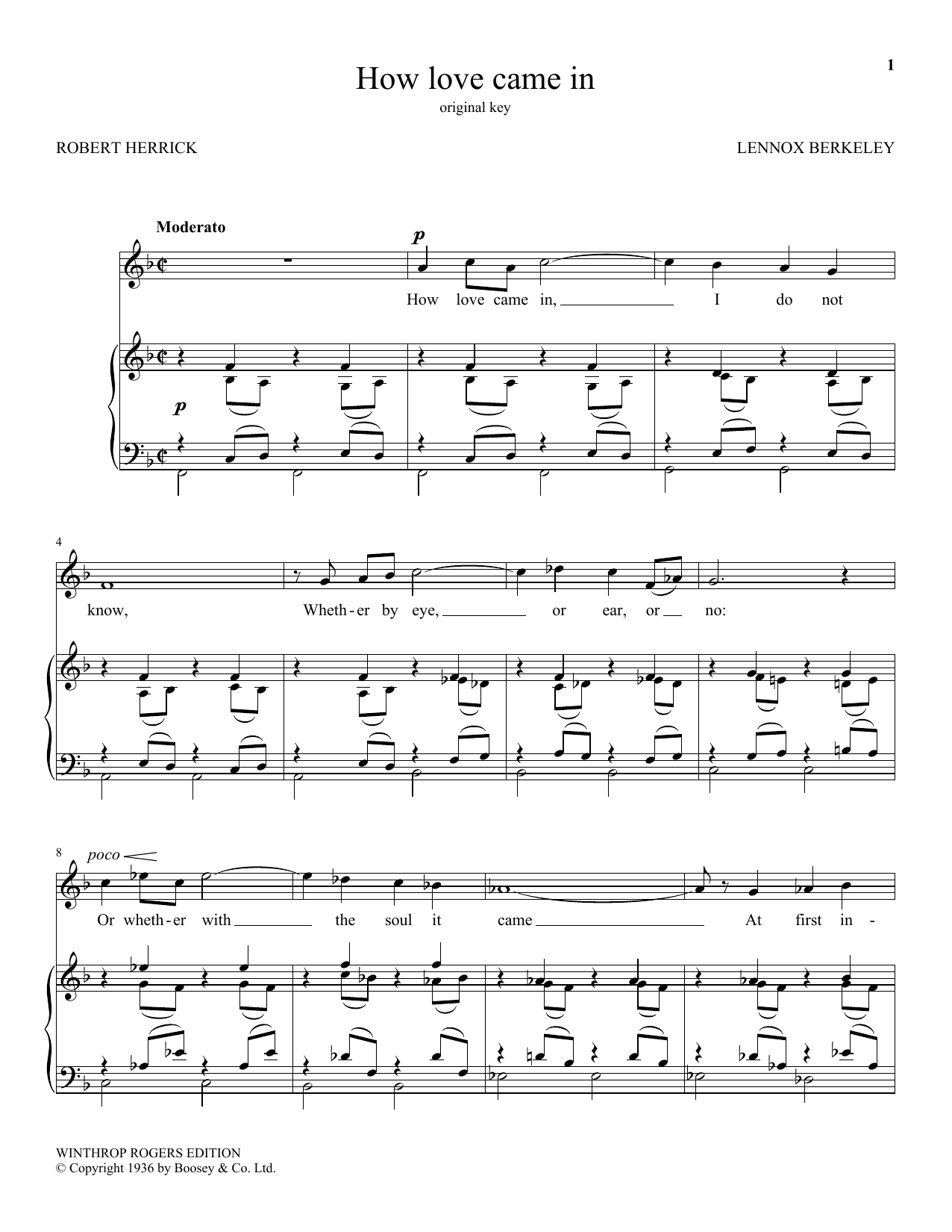 Download Herrick How Love Came In Sheet Music and learn how to play Piano & Vocal PDF digital score in minutes