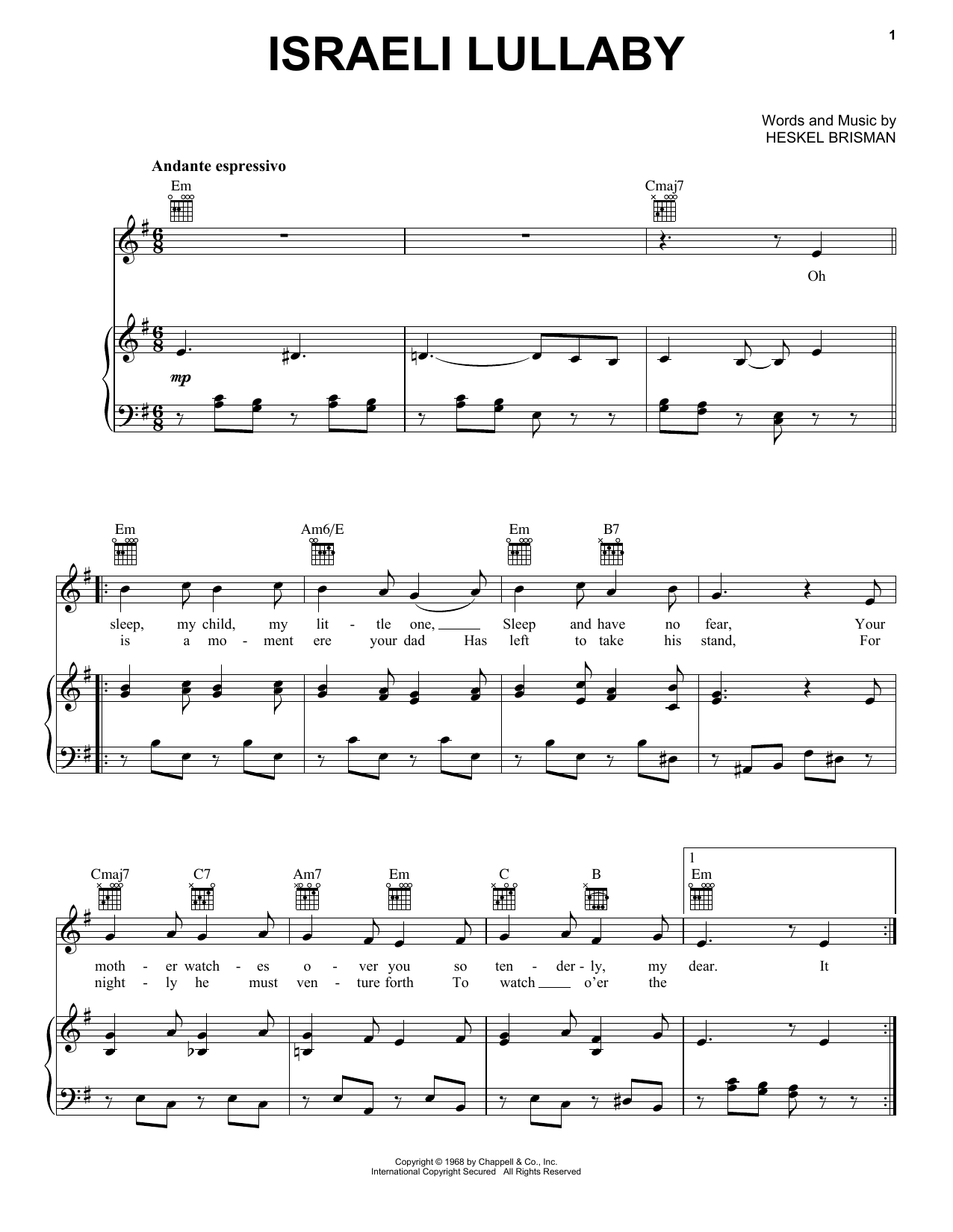 Download Heskel Brisman Israeli Lullaby Sheet Music and learn how to play Piano, Vocal & Guitar Chords (Right-Hand Melody) PDF digital score in minutes