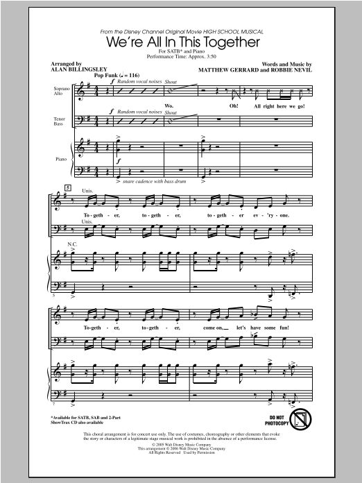 Download High School Musical We're All In This Together (arr. Alan Billingsley) Sheet Music and learn how to play SATB PDF digital score in minutes
