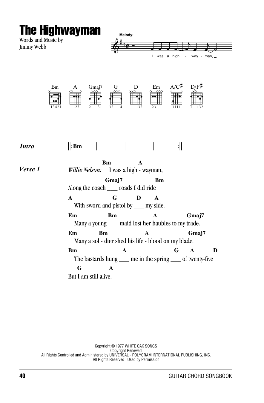 Download Highwaymen The Highwayman Sheet Music and learn how to play Real Book – Melody, Lyrics & Chords PDF digital score in minutes
