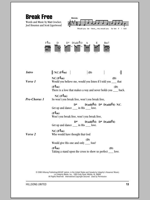 Download Hillsong United Break Free Sheet Music and learn how to play Lyrics & Chords PDF digital score in minutes