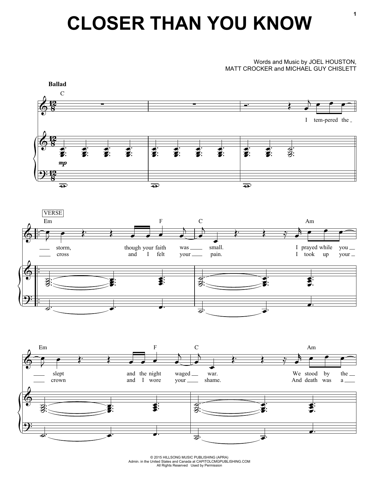 Download Hillsong United Closer Than You Know Sheet Music and learn how to play Piano & Vocal PDF digital score in minutes