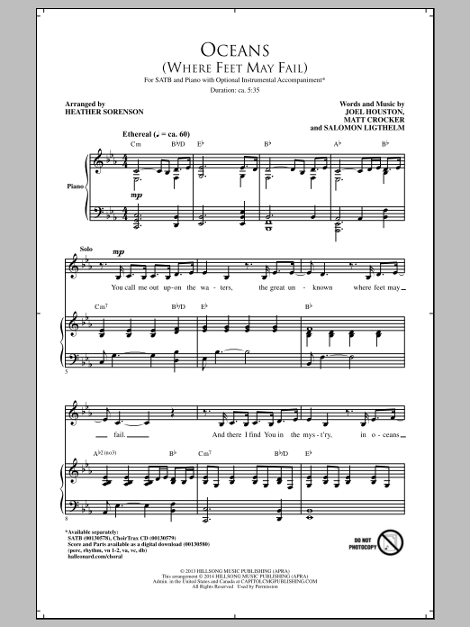 Download Hillsong United Oceans (Where Feet May Fail) (arr. Heather Sorenson) Sheet Music and learn how to play SATB PDF digital score in minutes