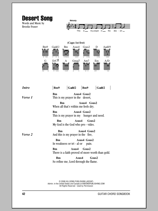 Download Brooke Fraser Desert Song Sheet Music and learn how to play Lyrics & Chords PDF digital score in minutes