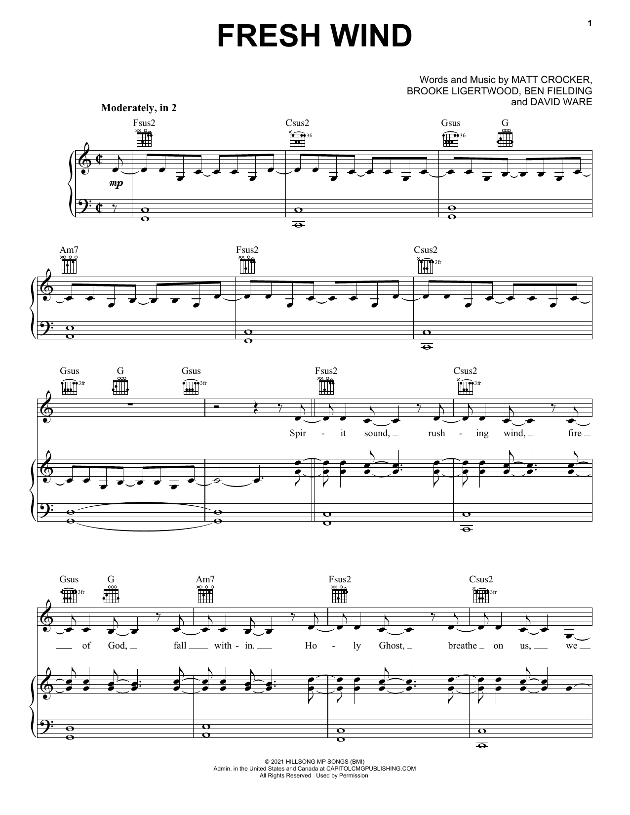 Download Hillsong Worship Fresh Wind Sheet Music and learn how to play Piano, Vocal & Guitar Chords (Right-Hand Melody) PDF digital score in minutes