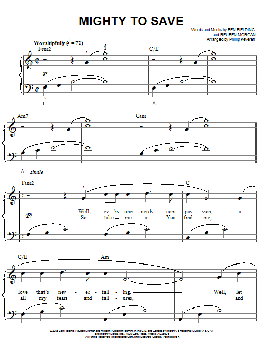 Download Reuben Morgan Mighty To Save Sheet Music and learn how to play Easy Piano PDF digital score in minutes