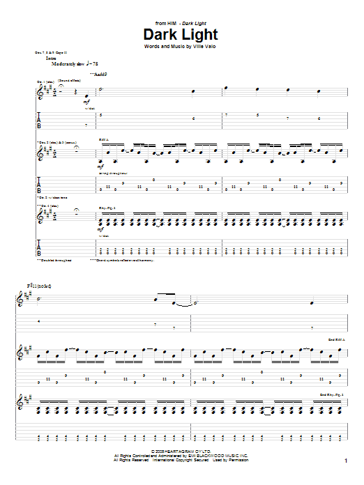 Download H.I.M. Dark Light Sheet Music and learn how to play Guitar Tab PDF digital score in minutes
