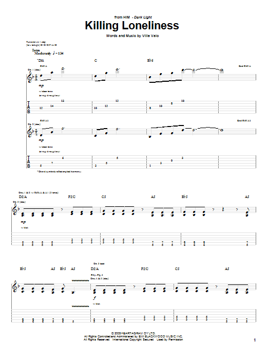 Download H.I.M. Killing Loneliness Sheet Music and learn how to play Guitar Tab PDF digital score in minutes