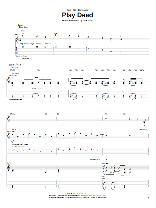 Download H.I.M. Play Dead Sheet Music and learn how to play Guitar Tab PDF digital score in minutes