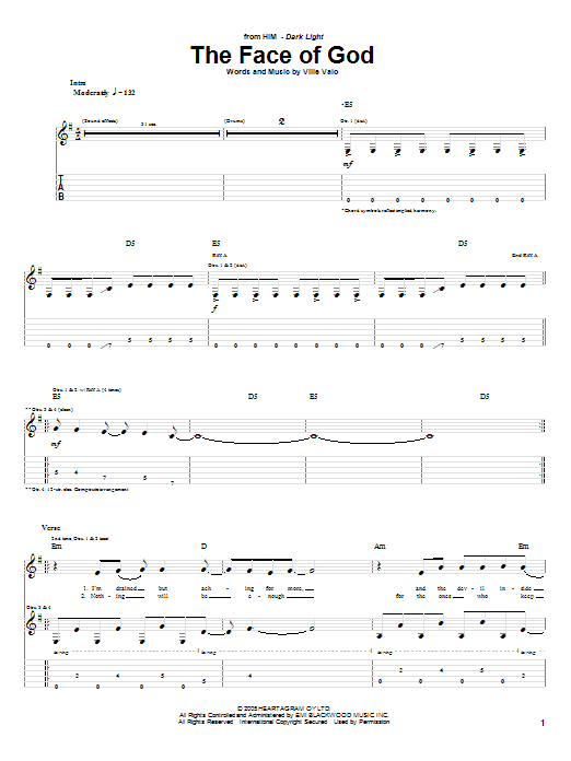 Download H.I.M. The Face Of God Sheet Music and learn how to play Guitar Tab PDF digital score in minutes