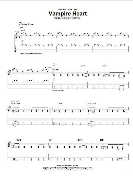 Download H.I.M. Vampire Heart Sheet Music and learn how to play Guitar Tab PDF digital score in minutes