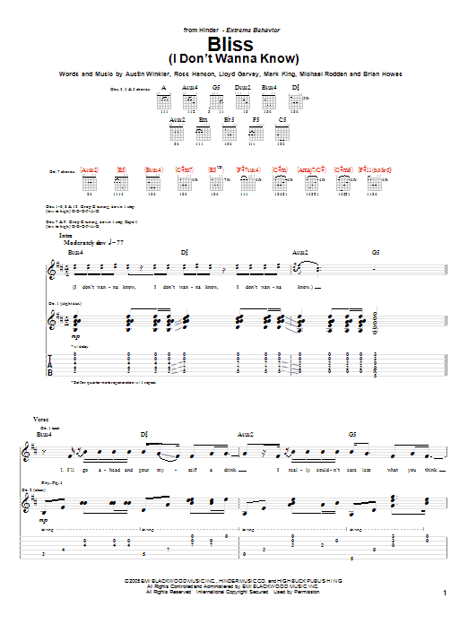 Download Hinder Bliss (I Don't Wanna Know) Sheet Music and learn how to play Guitar Tab PDF digital score in minutes