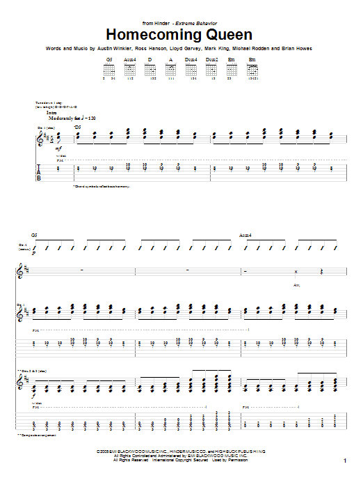 Download Hinder Homecoming Queen Sheet Music and learn how to play Guitar Tab PDF digital score in minutes