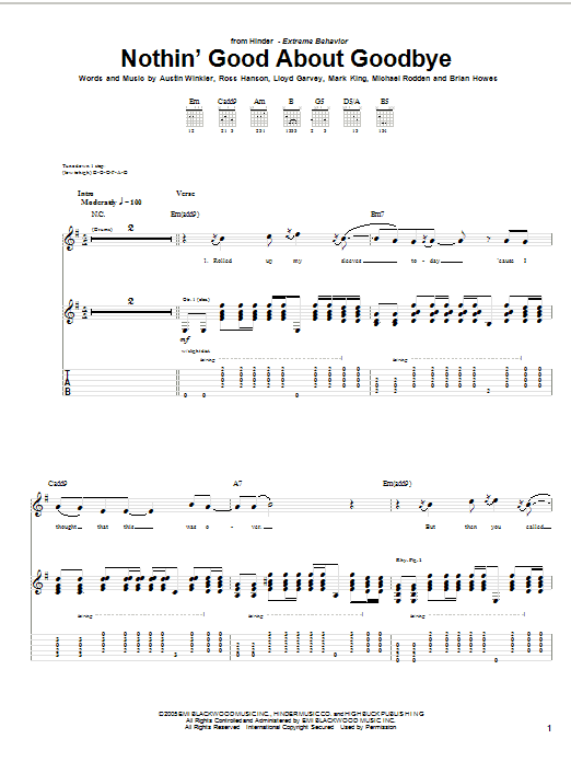 Download Hinder Nothin' Good About Goodbye Sheet Music and learn how to play Guitar Tab PDF digital score in minutes
