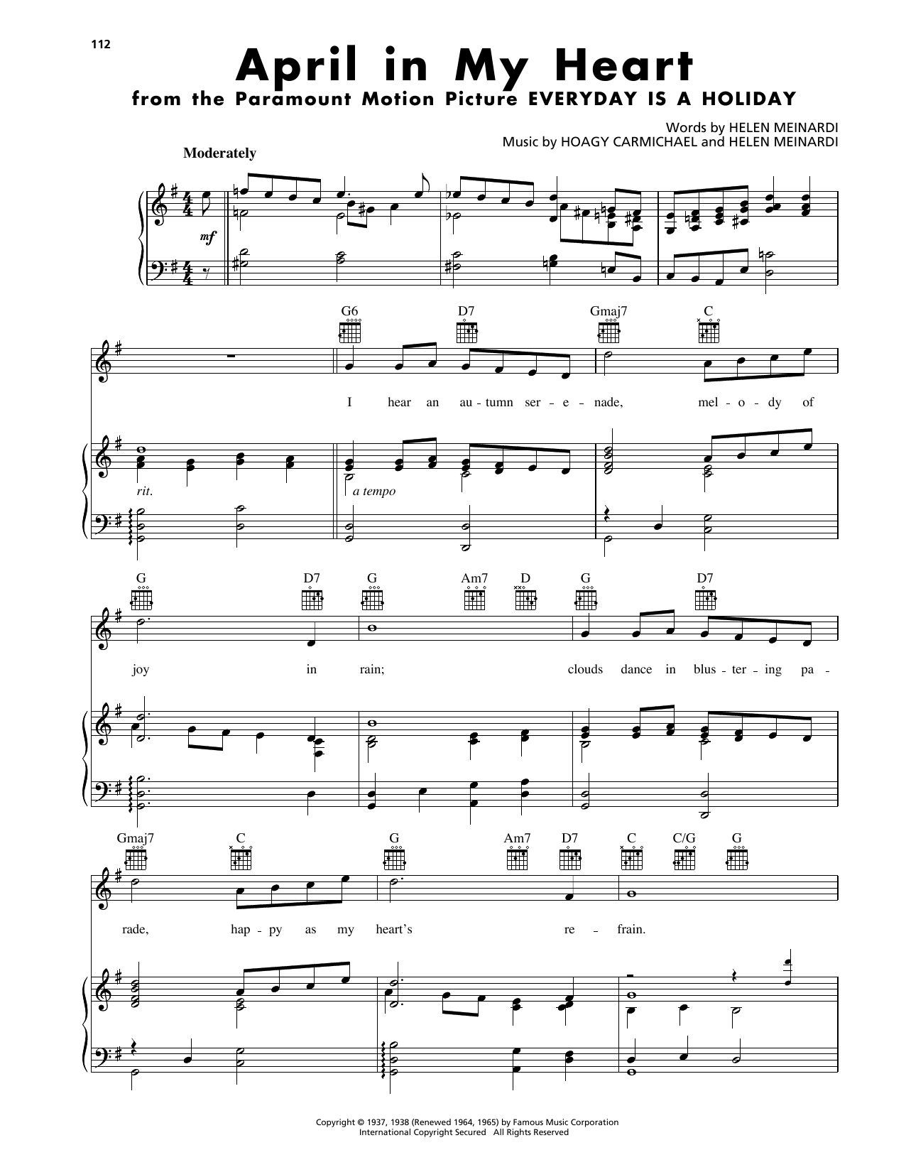 Download Hoagy Carmichael April In My Heart Sheet Music and learn how to play Piano, Vocal & Guitar Chords (Right-Hand Melody) PDF digital score in minutes