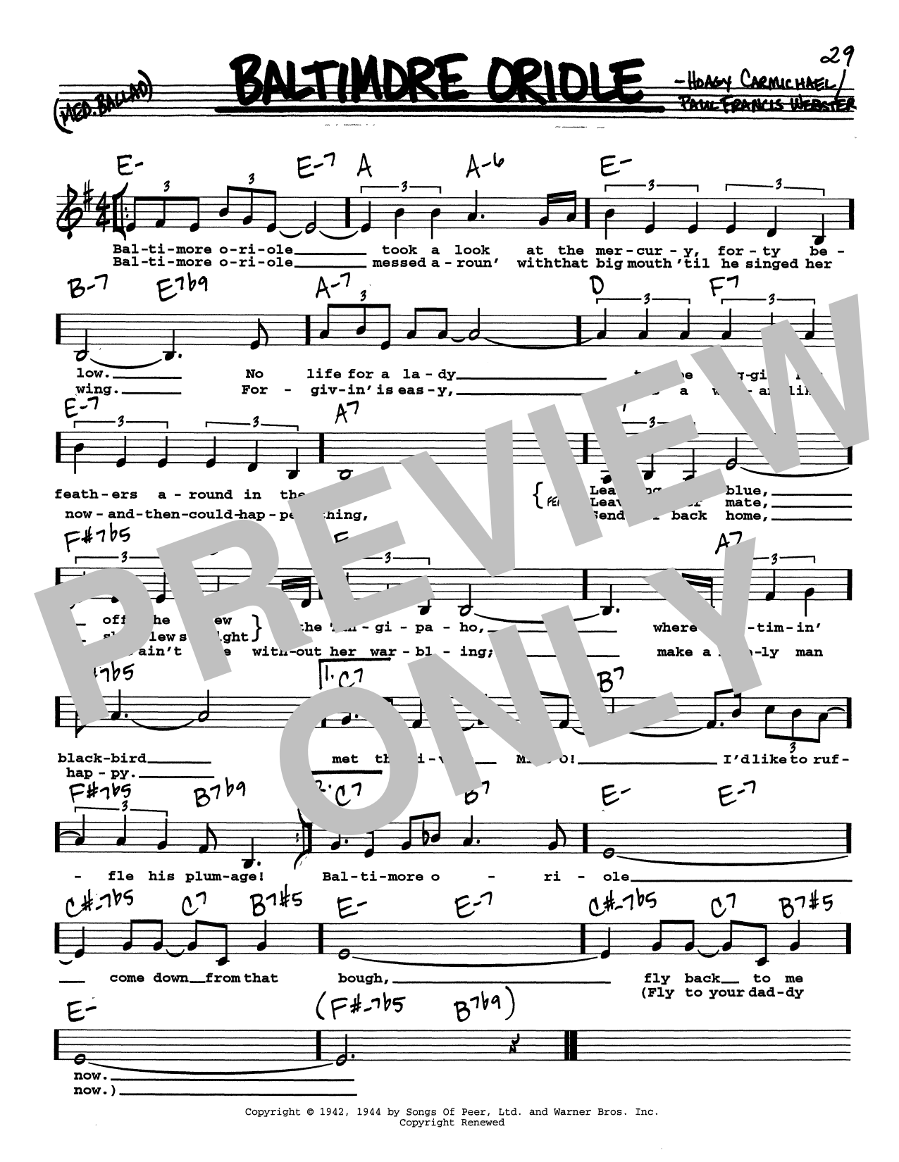 Download Hoagy Carmichael Baltimore Oriole (Low Voice) Sheet Music and learn how to play Real Book – Melody, Lyrics & Chords PDF digital score in minutes