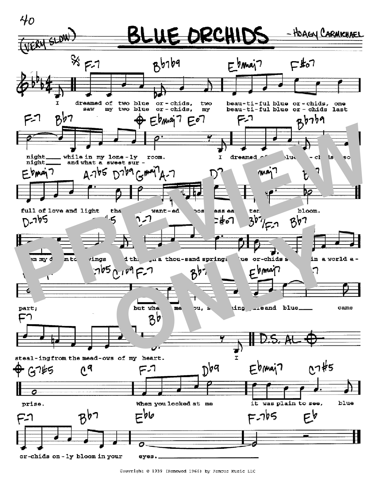 Download Hoagy Carmichael Blue Orchids Sheet Music and learn how to play Real Book - Melody, Lyrics & Chords - C Instruments PDF digital score in minutes