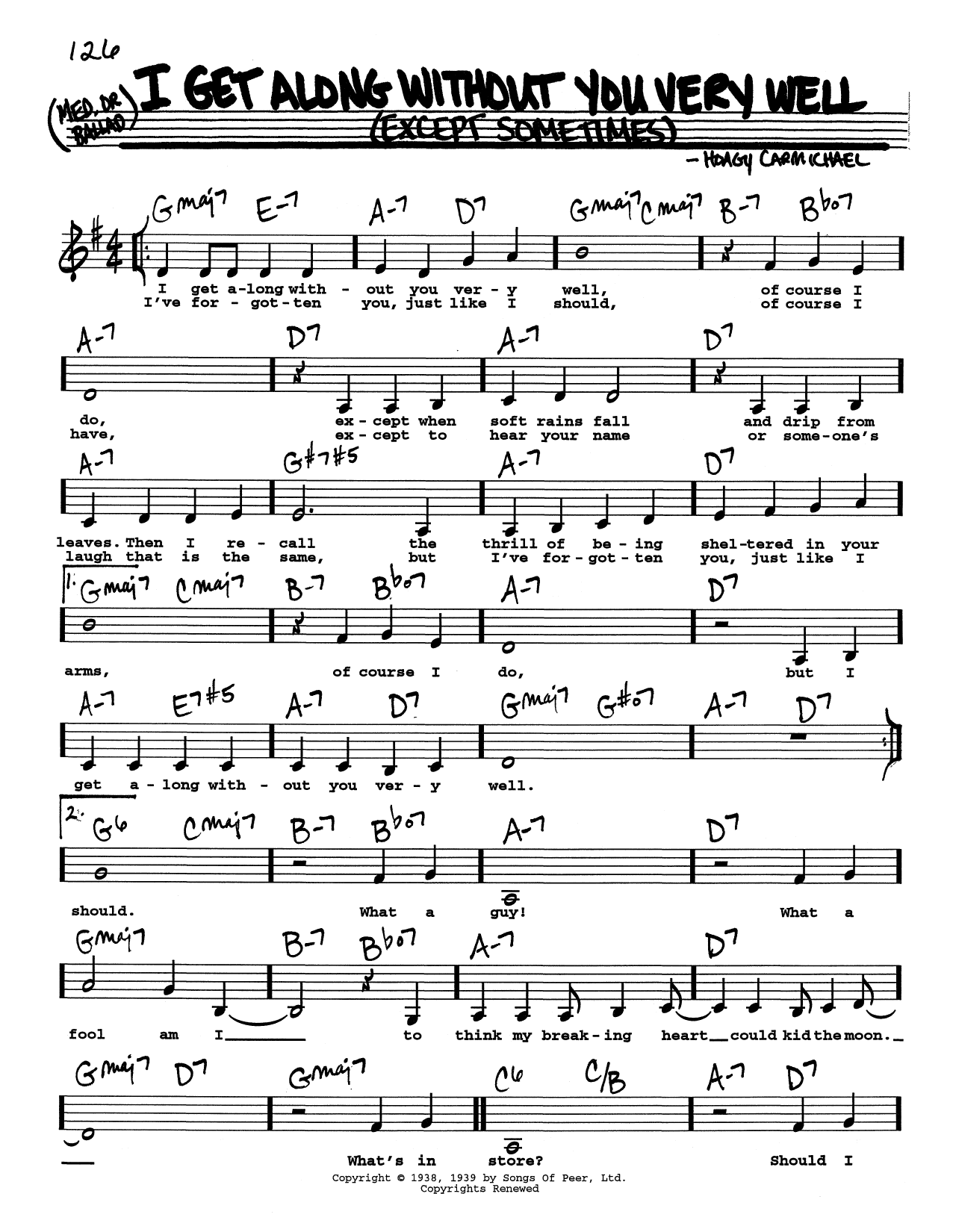 Download Hoagy Carmichael I Get Along Without You Very Well (Except Sometimes) (Low Voice) Sheet Music and learn how to play Real Book – Melody, Lyrics & Chords PDF digital score in minutes