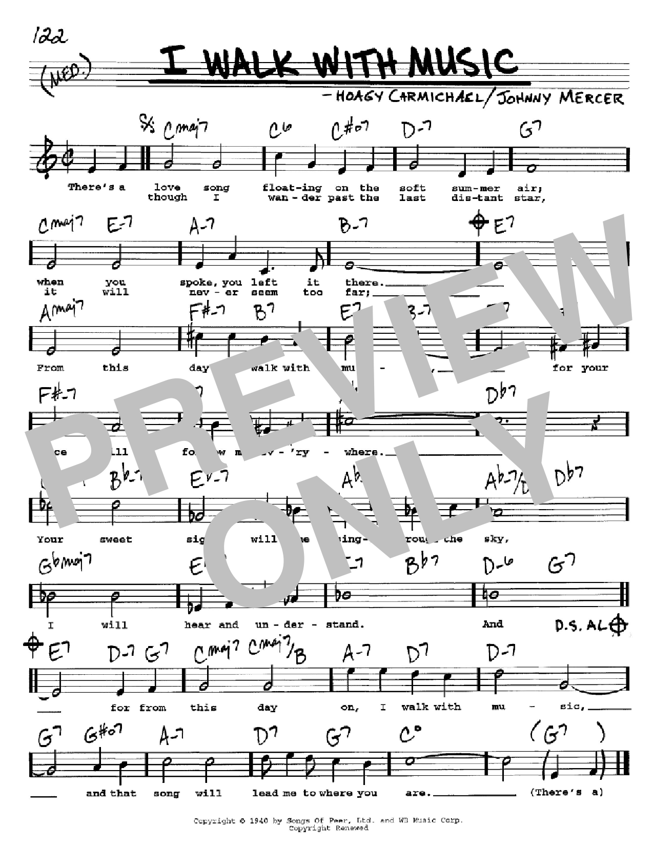 Download Hoagy Carmichael I Walk With Music Sheet Music and learn how to play Real Book - Melody, Lyrics & Chords - C Instruments PDF digital score in minutes