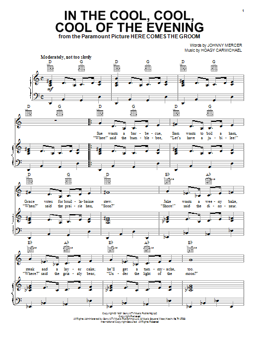 Download Hoagy Carmichael In The Cool, Cool, Cool Of The Evening (from Here Comes The Groom) Sheet Music and learn how to play Piano, Vocal & Guitar (Right-Hand Melody) PDF digital score in minutes