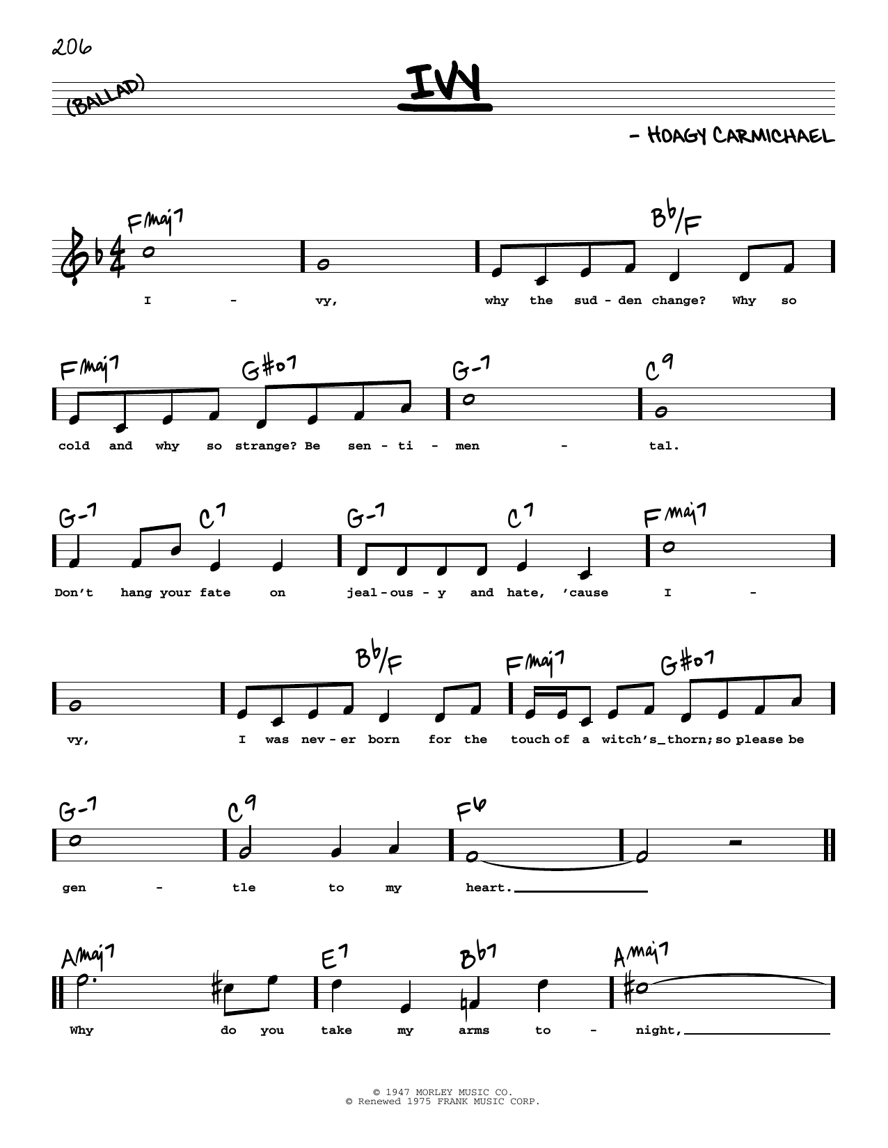 Download Hoagy Carmichael Ivy (High Voice) Sheet Music and learn how to play Real Book – Melody, Lyrics & Chords PDF digital score in minutes