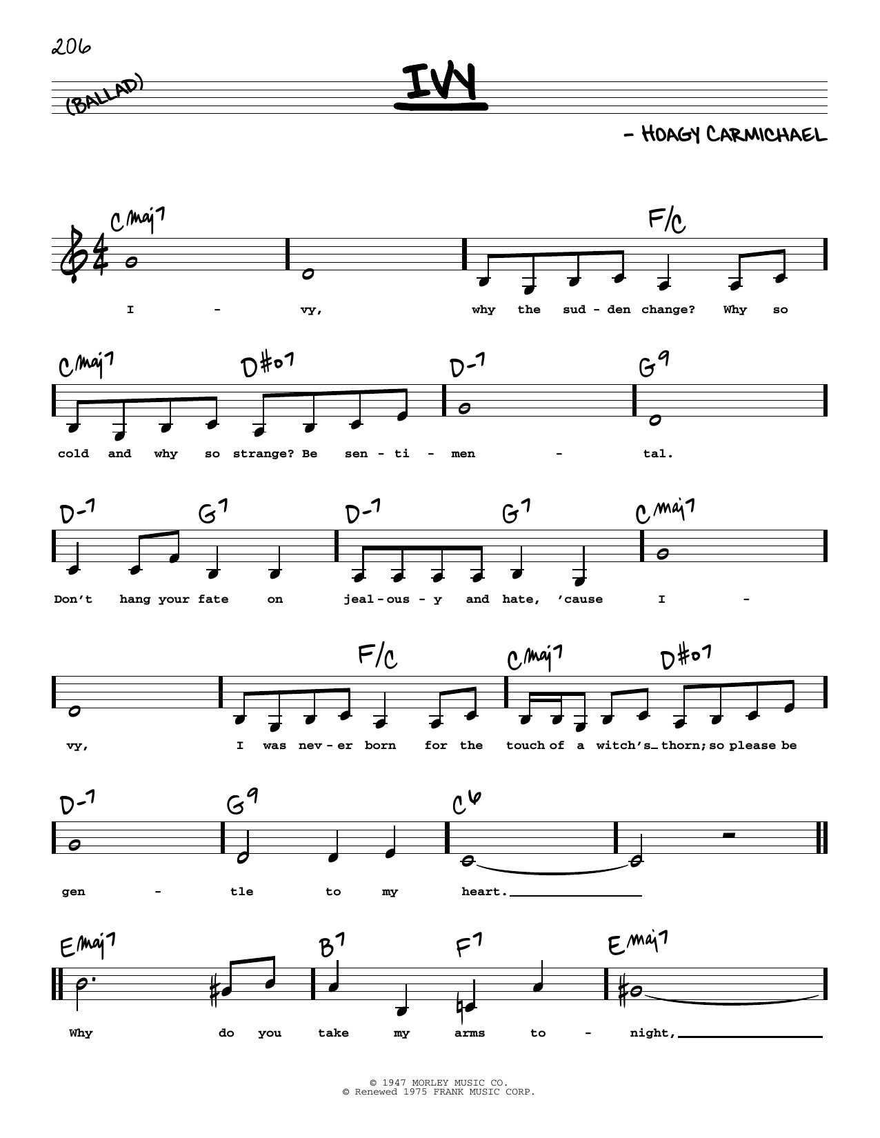 Download Hoagy Carmichael Ivy (Low Voice) Sheet Music and learn how to play Real Book – Melody, Lyrics & Chords PDF digital score in minutes