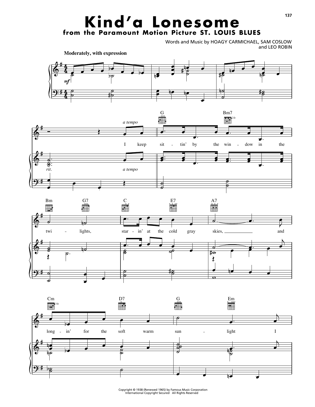 Download Hoagy Carmichael Kind'a Lonesome Sheet Music and learn how to play Piano, Vocal & Guitar Chords (Right-Hand Melody) PDF digital score in minutes