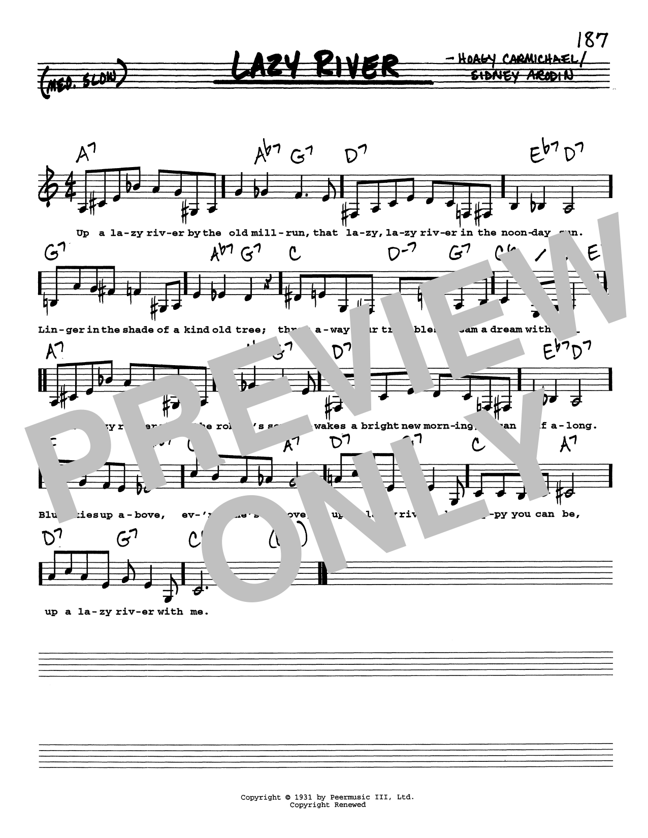 Download Hoagy Carmichael Lazy River (Low Voice) Sheet Music and learn how to play Real Book – Melody, Lyrics & Chords PDF digital score in minutes