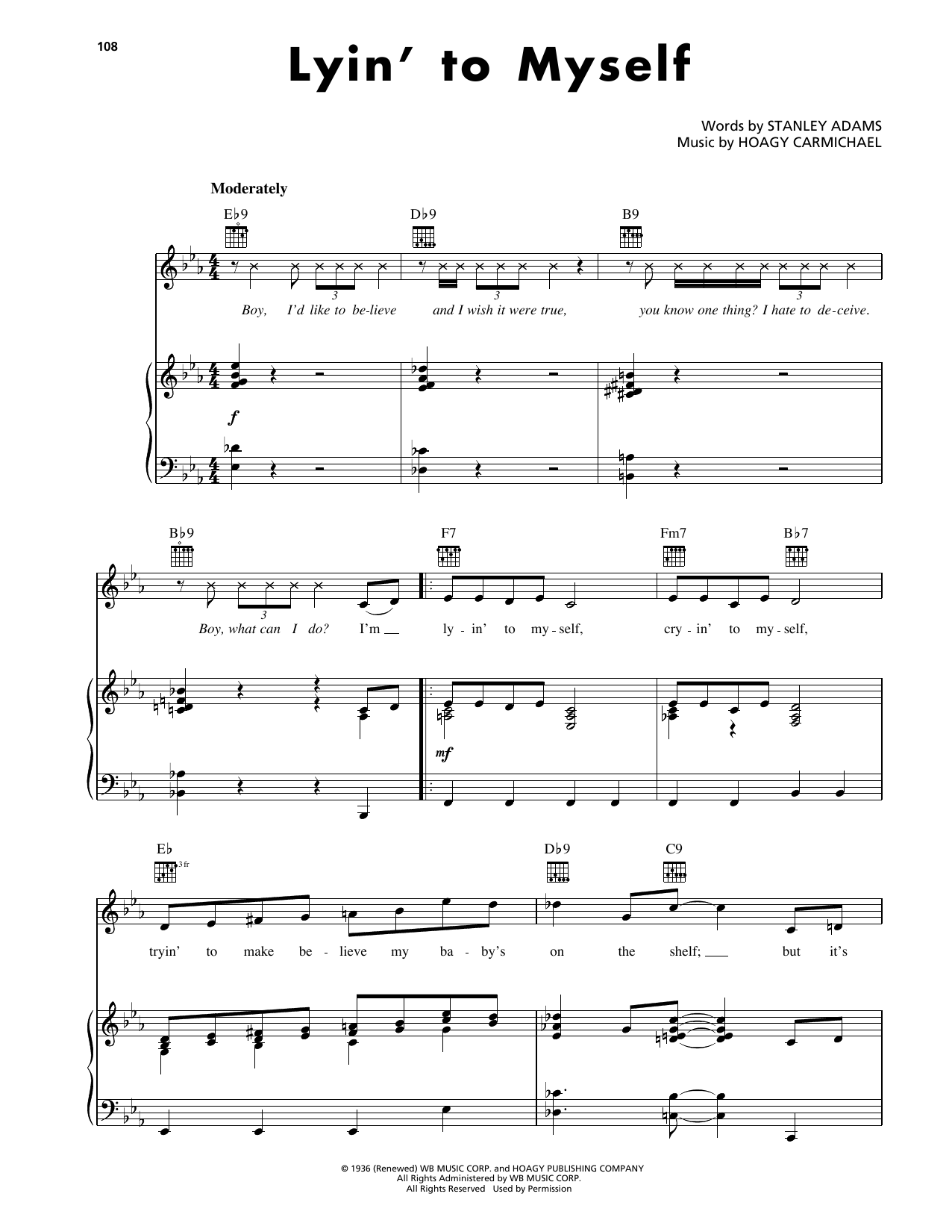 Download Hoagy Carmichael Lyin' To Myself Sheet Music and learn how to play Piano, Vocal & Guitar Chords (Right-Hand Melody) PDF digital score in minutes
