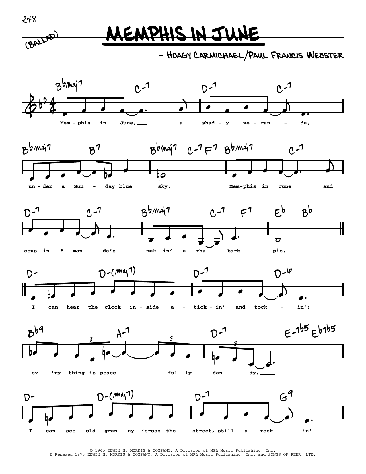 Download Hoagy Carmichael Memphis In June (Low Voice) Sheet Music and learn how to play Real Book – Melody, Lyrics & Chords PDF digital score in minutes