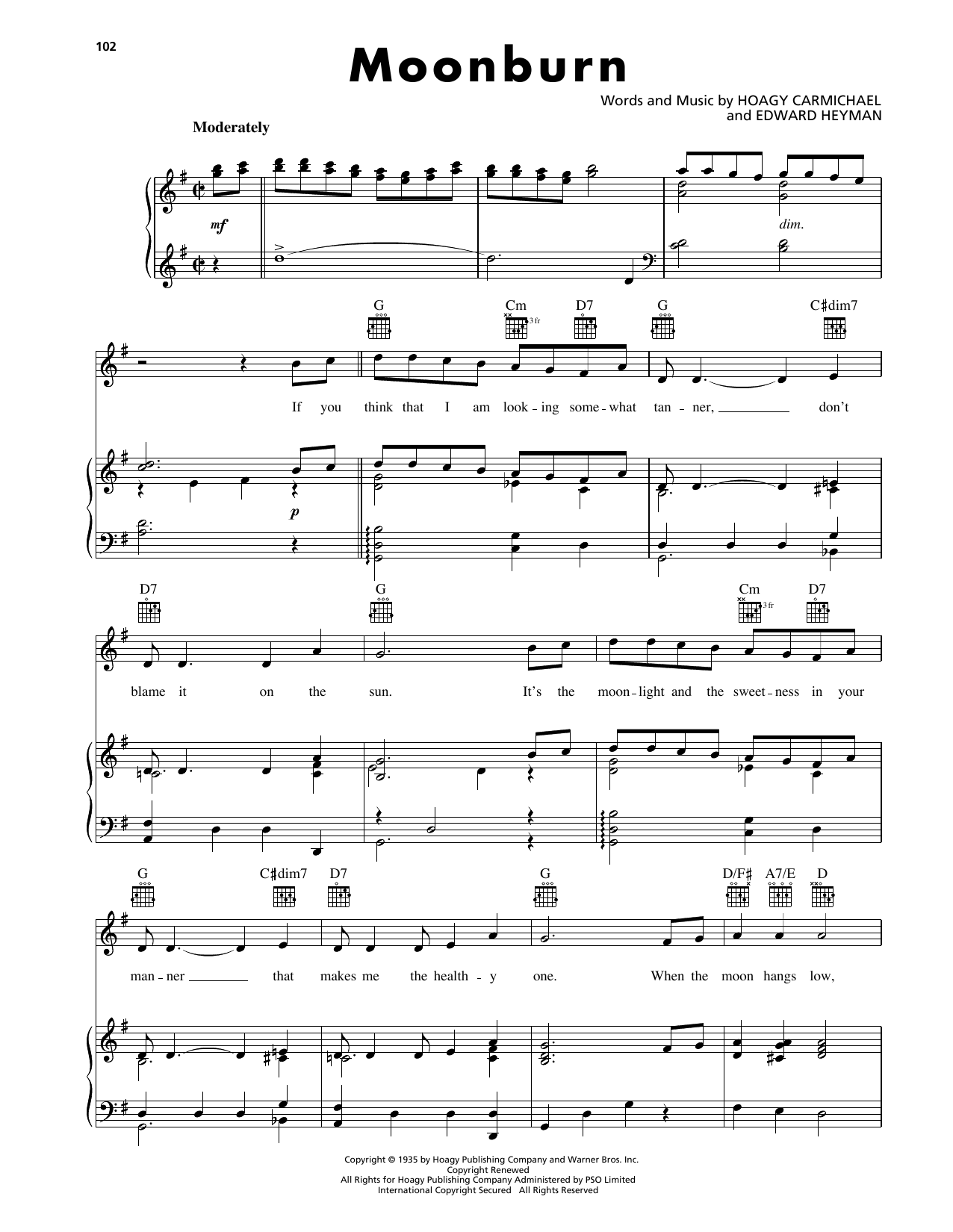 Download Hoagy Carmichael Moonburn Sheet Music and learn how to play Piano, Vocal & Guitar Chords (Right-Hand Melody) PDF digital score in minutes