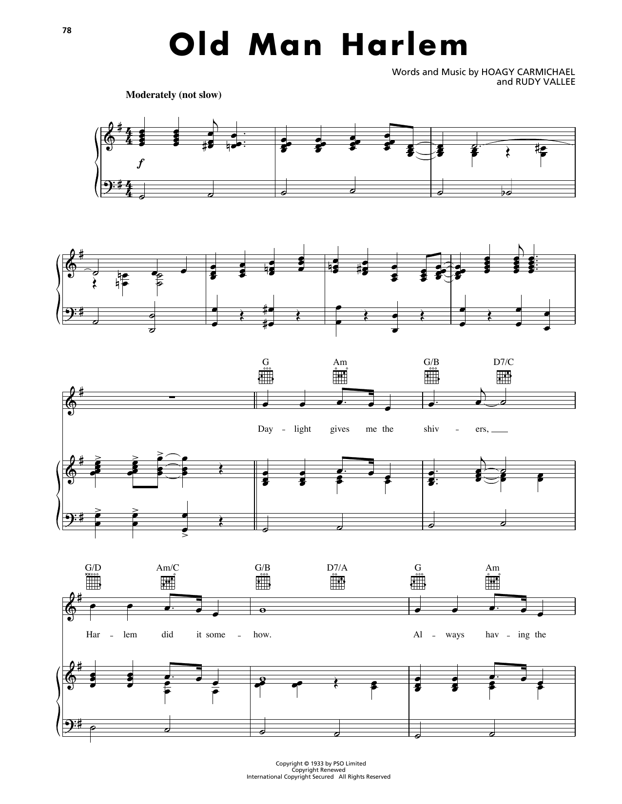 Download Hoagy Carmichael Old Man Harlem Sheet Music and learn how to play Piano, Vocal & Guitar Chords (Right-Hand Melody) PDF digital score in minutes
