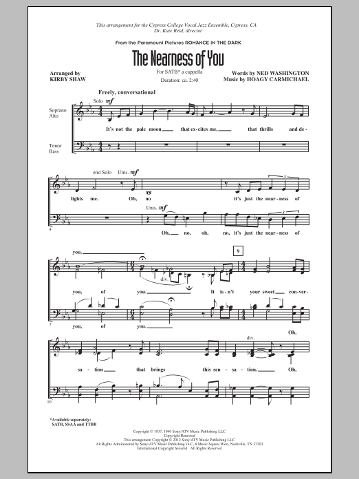 Download Kirby Shaw The Nearness Of You Sheet Music and learn how to play SATB PDF digital score in minutes