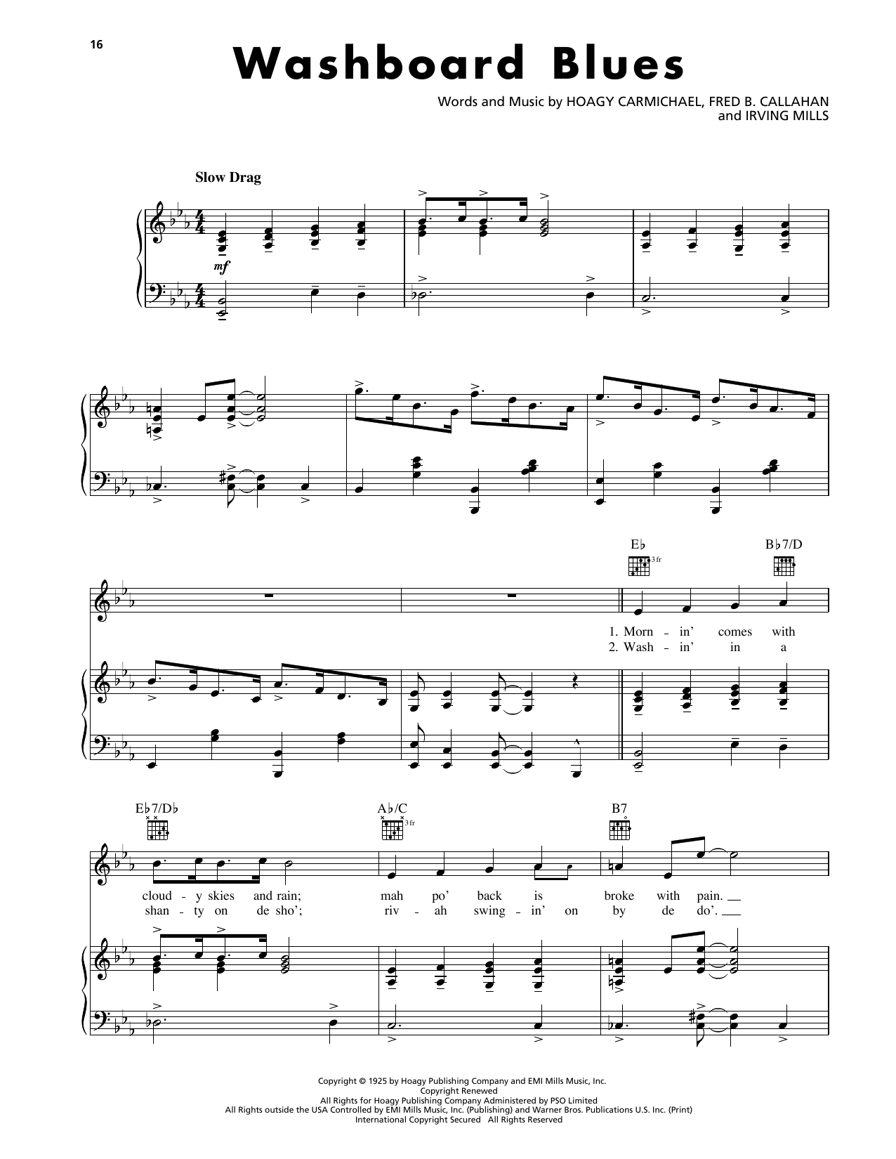 Download Hoagy Carmichael Washboard Blues Sheet Music and learn how to play Piano, Vocal & Guitar Chords (Right-Hand Melody) PDF digital score in minutes