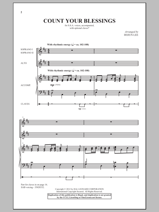 Download Hojun Lee Count Your Blessings Sheet Music and learn how to play SAB PDF digital score in minutes