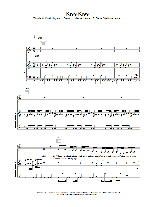 Download Holly Valance Kiss Kiss Sheet Music and learn how to play Melody Line, Lyrics & Chords PDF digital score in minutes