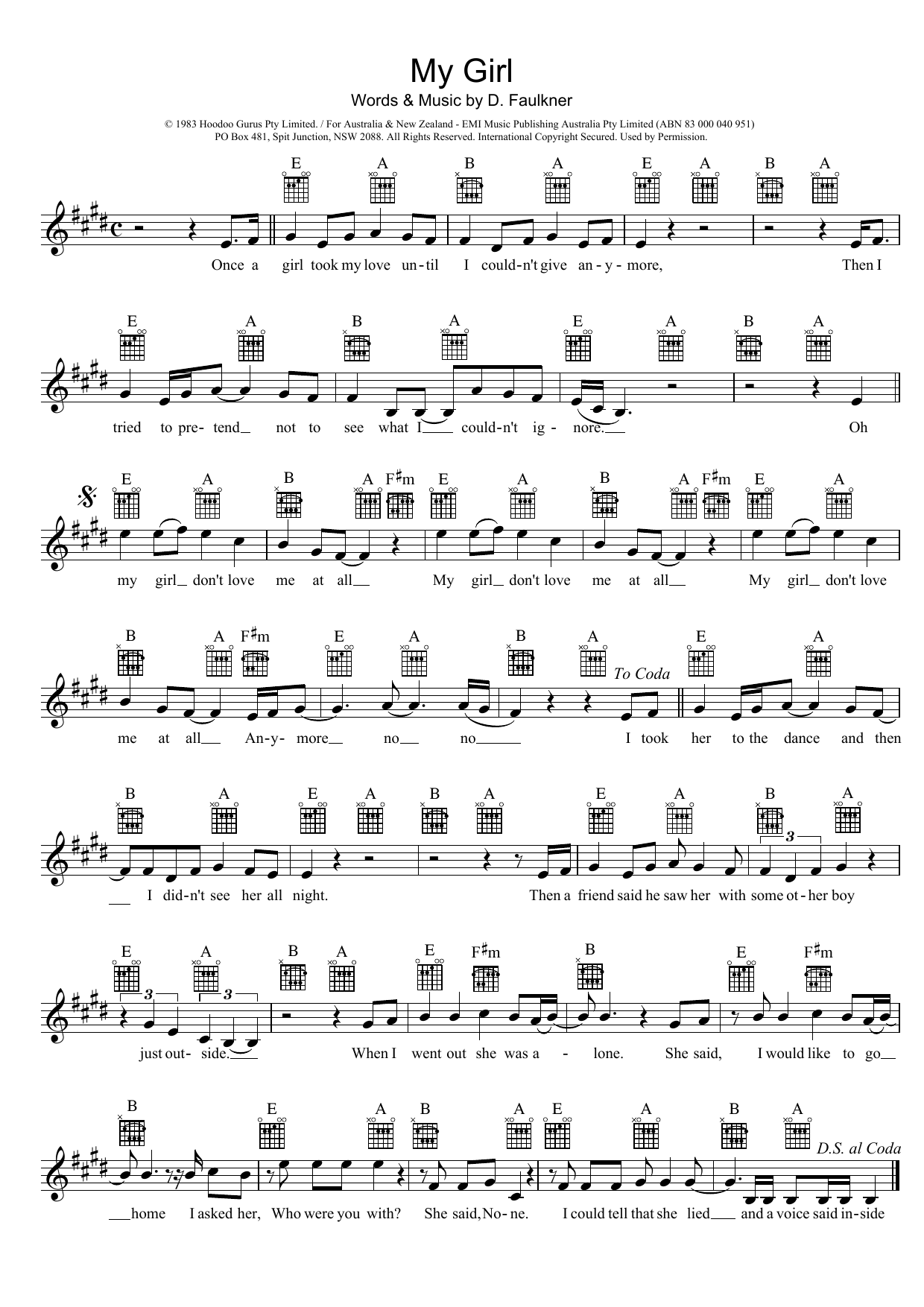 Download Hoodoo Gurus My Girl Sheet Music and learn how to play Melody Line, Lyrics & Chords PDF digital score in minutes