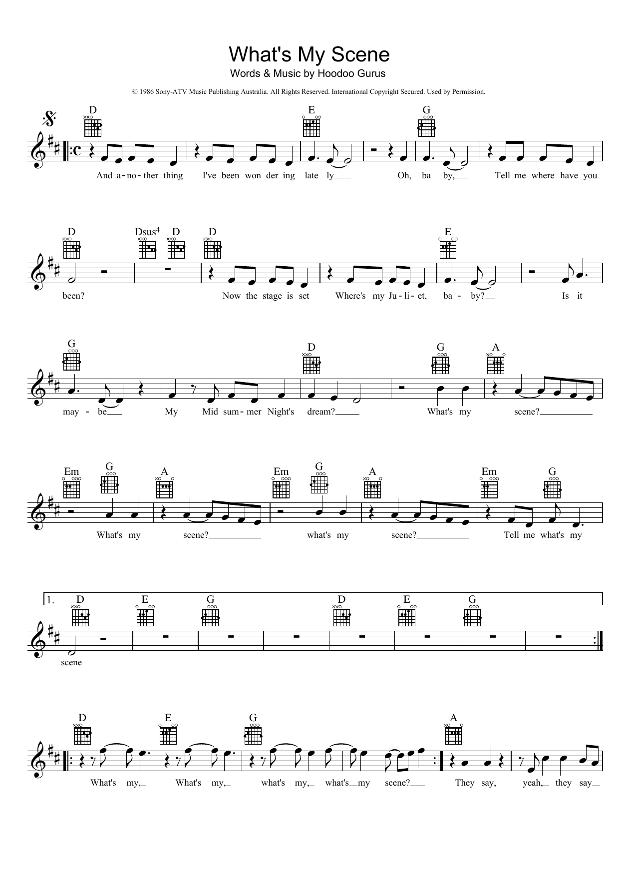 Download Hoodoo Gurus What's My Scene Sheet Music and learn how to play Melody Line, Lyrics & Chords PDF digital score in minutes