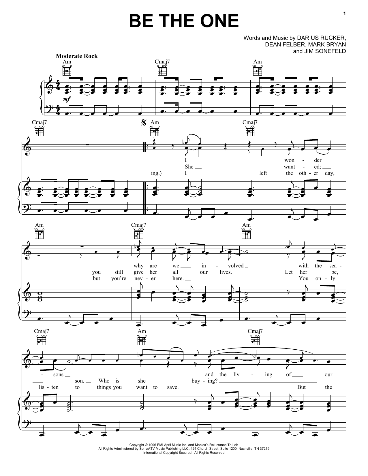 Download Hootie & The Blowfish Be The One Sheet Music and learn how to play Piano, Vocal & Guitar Chords (Right-Hand Melody) PDF digital score in minutes