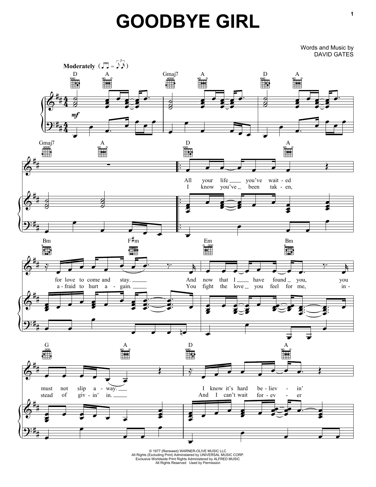 Download Hootie & The Blowfish Goodbye Girl Sheet Music and learn how to play Piano, Vocal & Guitar Chords (Right-Hand Melody) PDF digital score in minutes